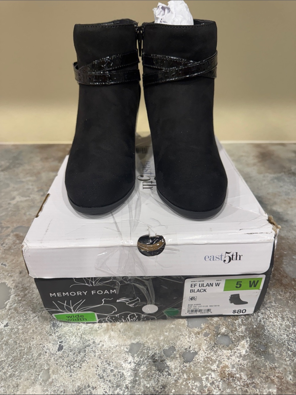 East 5th Black Suede Ankle Booties with Patent Wrap Detail